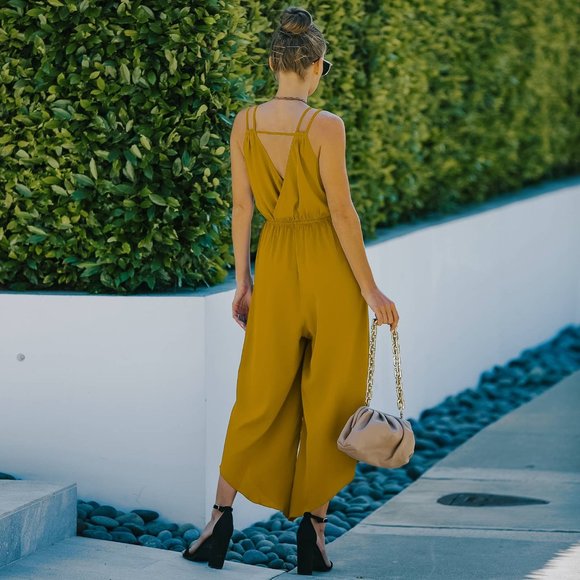 💕ePretty Mustard Asymmetrical Wide Leg Jumpsuit - Picture 2 of 3